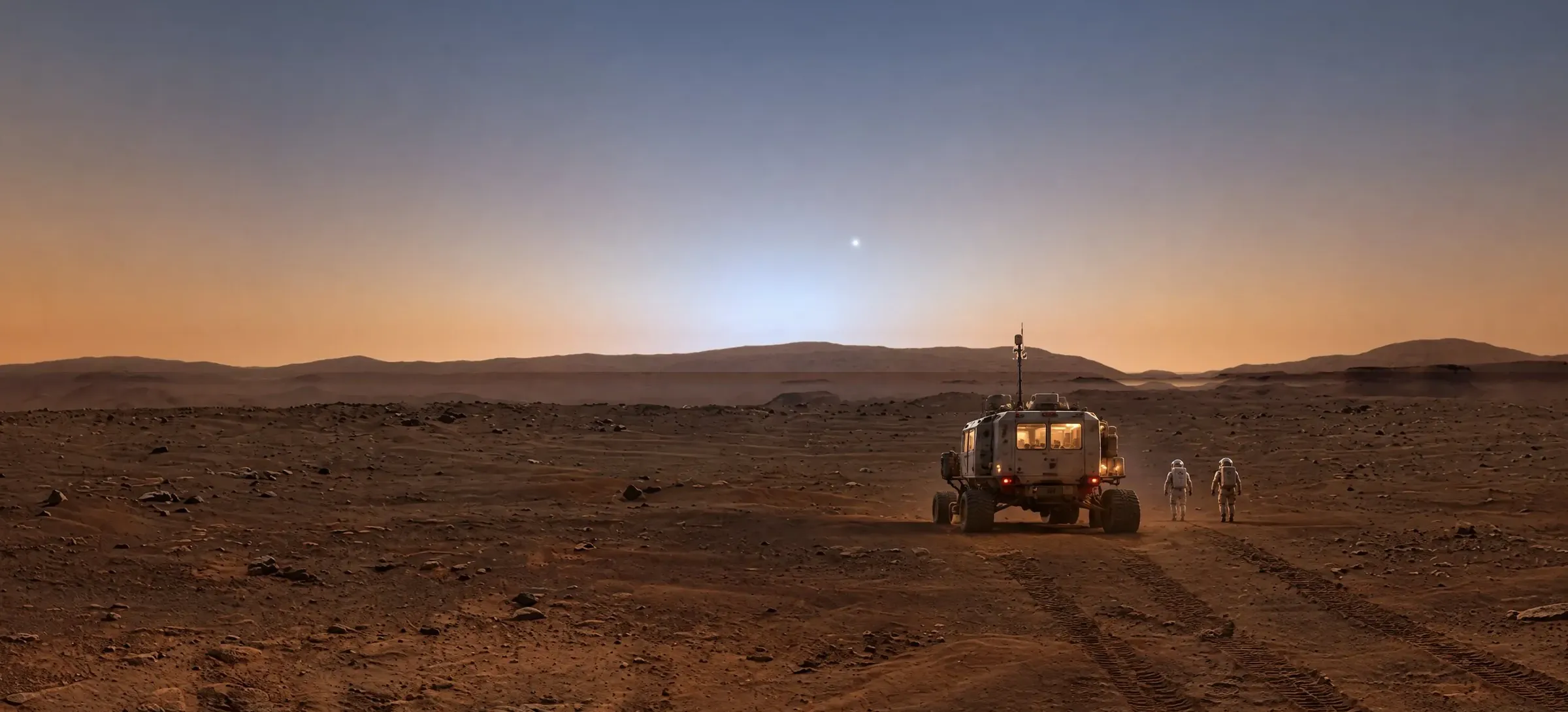 A rover and two people in spacesuits on the floor of Jezero Crater at dusk, the sky turning blue near the setting Sun