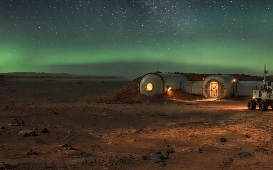 A small base of soil-covered homes and a lit rover under a starry sky with a green aurora